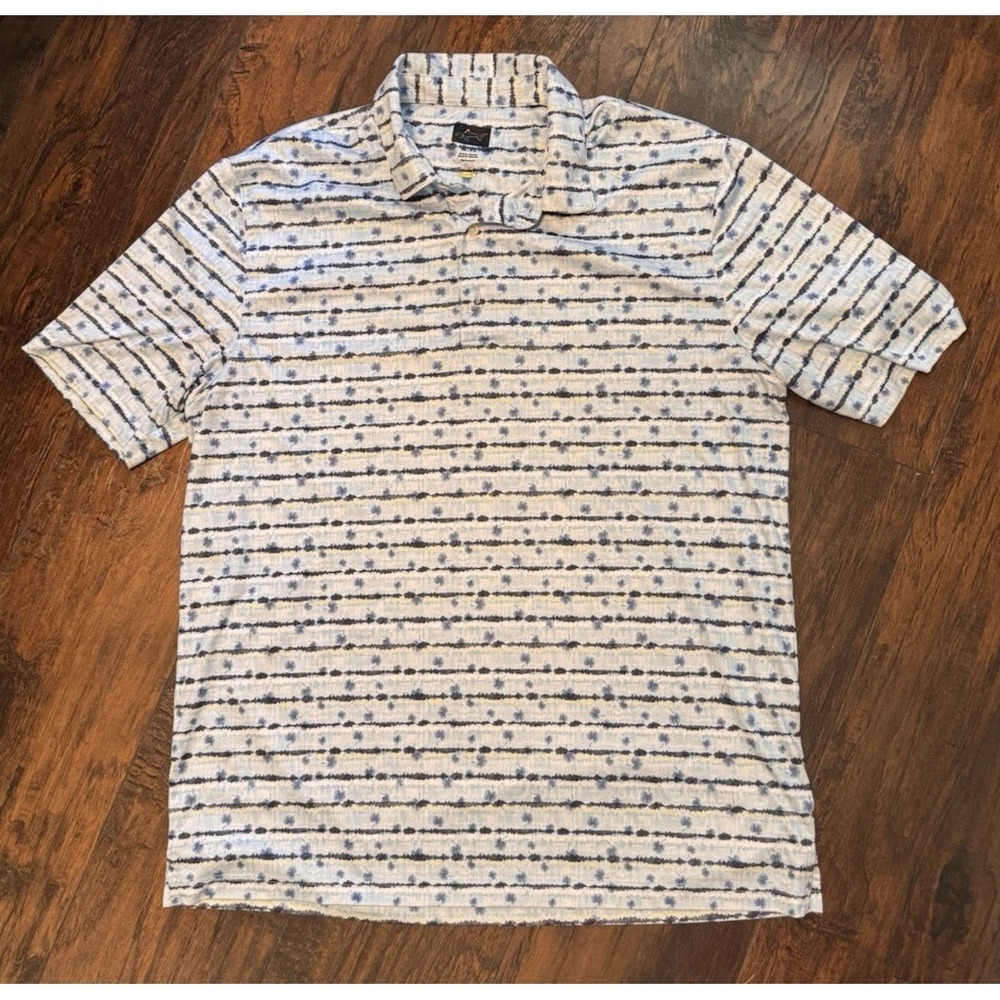 Greg Norman ML75 Play Dry Mens XL Blue Palm Stripe Golf Polo Shirt Casual Preppy